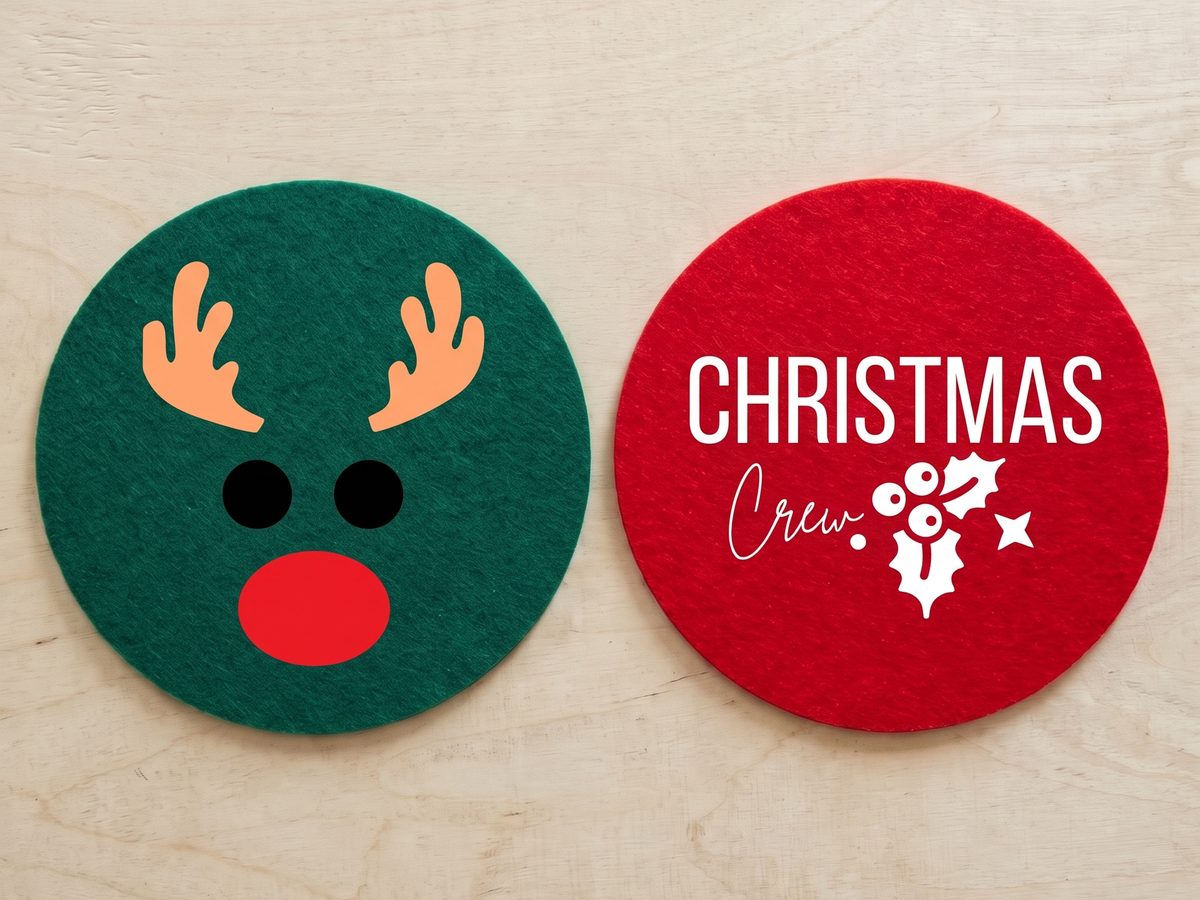 Zwei fertige Untersetzer: der grüne mit Rentiergesicht aus orangem, schwarzem und rotem Vinyl, der rote mit weißem Schriftzug Christmas Crew und Stechpalme