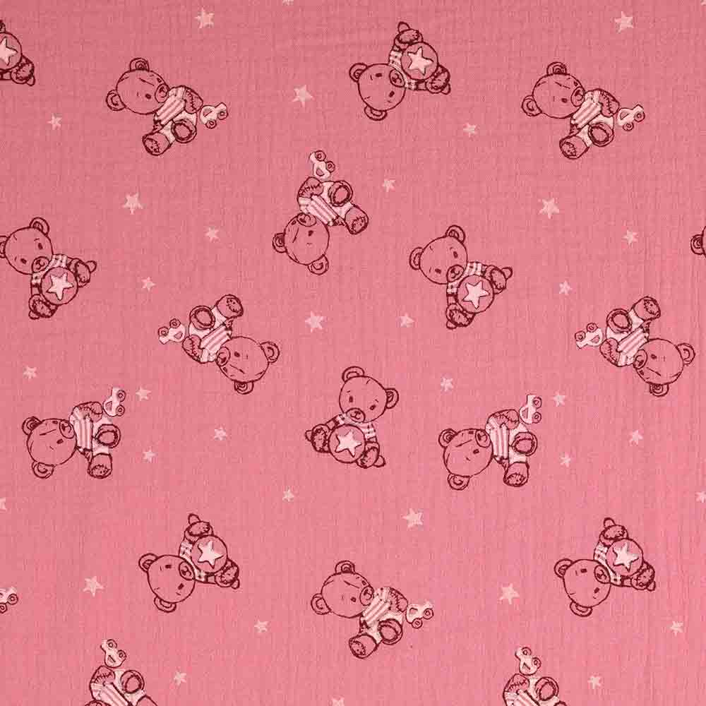 Baumwoll Musselin bedruckt - Bären mit Sternchen rosa