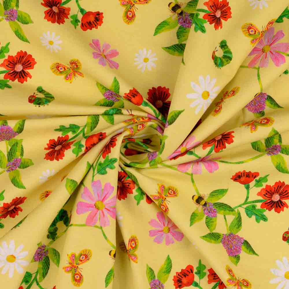 Jersey digital Druck - Öko Tex - Raupe Nimmersatt mit Blumen und Schmetterlingen