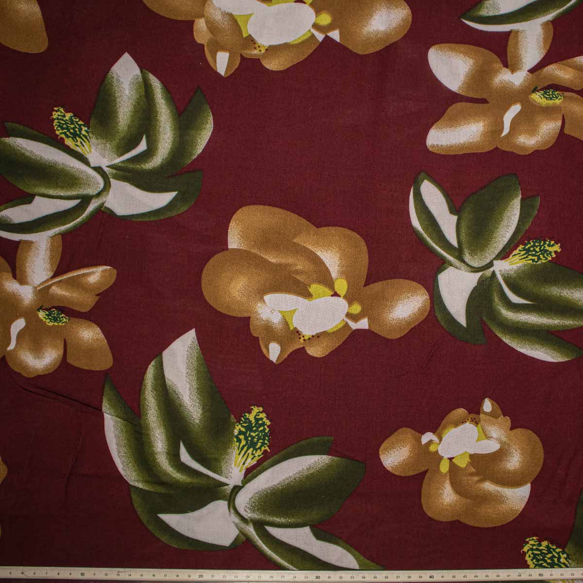 Viskose Druck - dunkel rot mit grün gelben Blumen