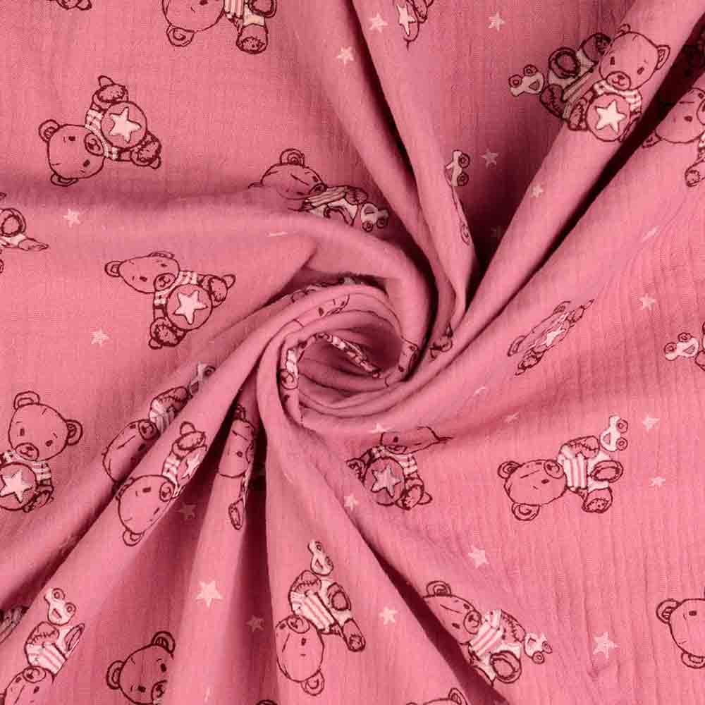 Baumwoll Musselin bedruckt - Bären mit Sternchen rosa