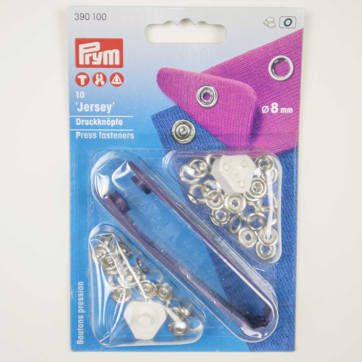 Nähfrei-Druckknöpfe 8mm für Jersey - silberfarbig 10 St. und Werkzeug