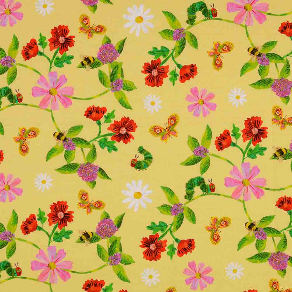 Jersey digital Druck - Öko Tex - Raupe Nimmersatt mit Blumen und Schmetterlingen