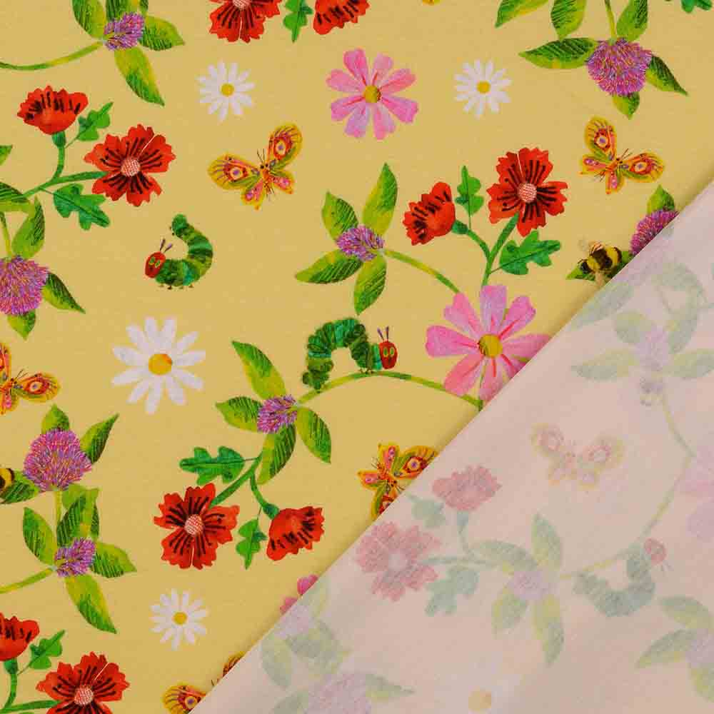 Jersey digital Druck - Öko Tex - Raupe Nimmersatt mit Blumen und Schmetterlingen